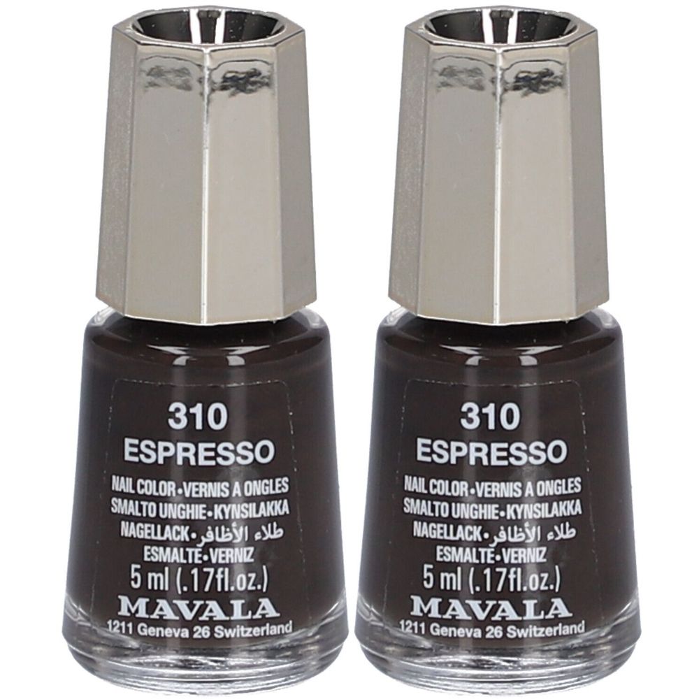 Zwei Flaschen Nagellack in Espresso-Farbe. Jede Flasche hat einen silberfarbenen Deckel und enthält 5 ml. Aufschrift: MAVALA.