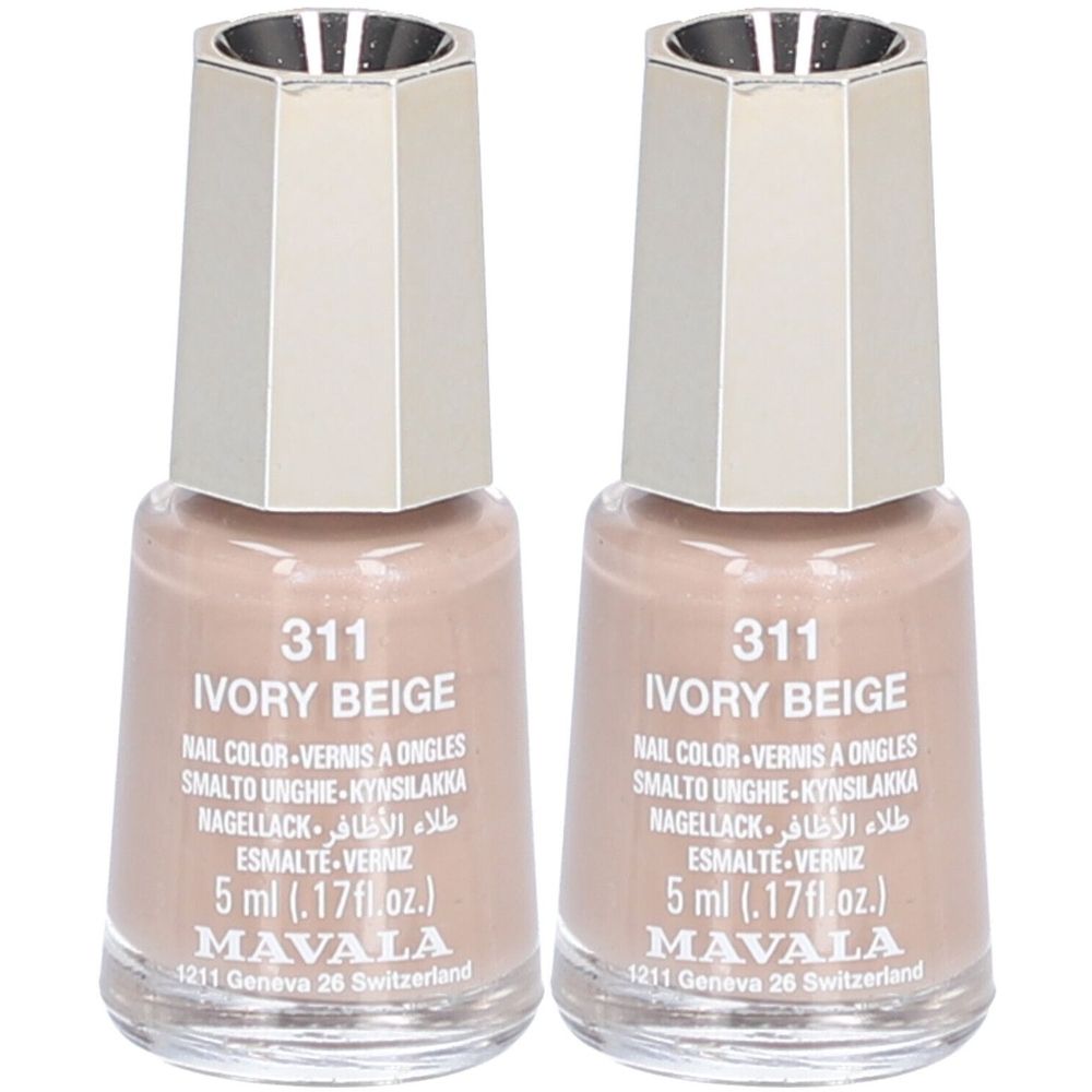 Deux flacons de vernis à ongles beige ivoire. Inscription : 311 IVORY BEIGE, MAVALA. 5 ml.