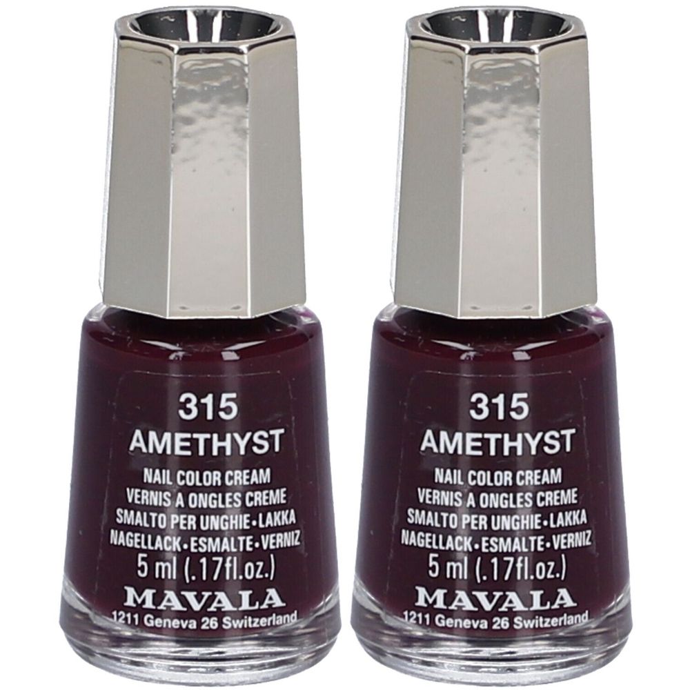 Deux flacons de vernis à ongles Améthyste n° 315. Vernis violet foncé avec bouchon argenté. Inscription : MAVALA, 5 ml.