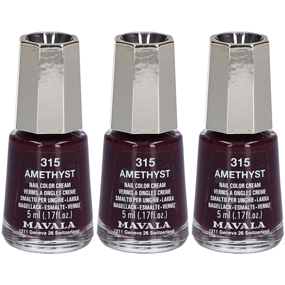 Trois flacons de vernis à ongles Améthyste n° 315. Bouchon argenté. Inscription : MAVALA, 5 ml.