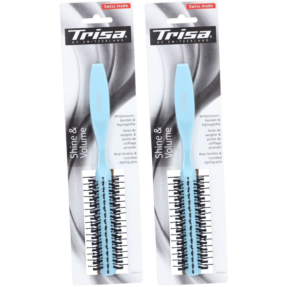 Zwei Stylingbürsten mit hellblauem Griff und schwarzem Borstenkopf. Verpackt in weiß-blauer Blisterverpackung mit Markenschriftzug.
