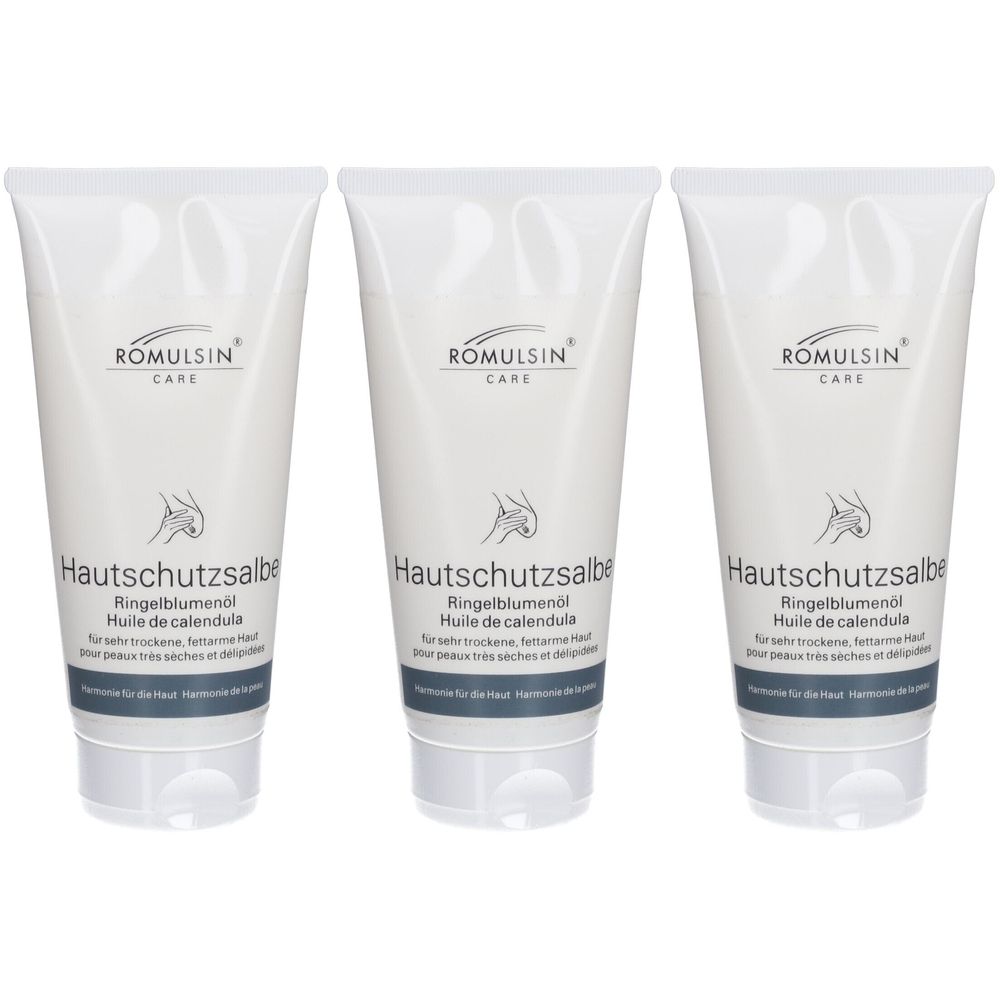 Drei Tuben Hautschutzsalbe mit Ringelblumenöl. Weiße Tuben mit grauer Schrift. Aufschrift: ROMULSIN CARE, Hautschutzsalbe, Ringelblumenöl.