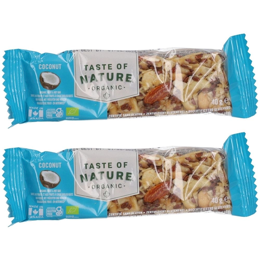 Zwei verpackte Riegel. Aufschrift: Taste of Nature Organic, Coconut. Mit Kokosnuss-Illustration und Bio-Siegel. 40g.