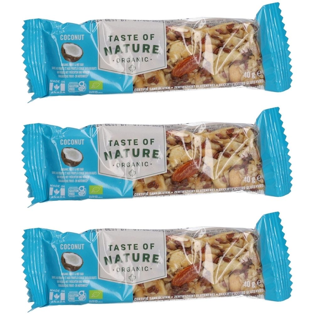 Drei Riegel "Taste of Nature Organic Coconut" in blauer Verpackung. Sichtbar: Kokosnuss-Illustration, Logo, "Organic" und 40 g.