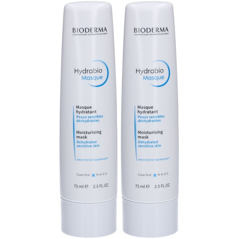 Deux tubes blancs BIODERMA Hydrabio Masque. Texte: Masque hydratant, Peaux sensibles déshydratées, Moisturising mask, Dehydrated sensitive skin. 75 ml, 2.5 FL.OZ.