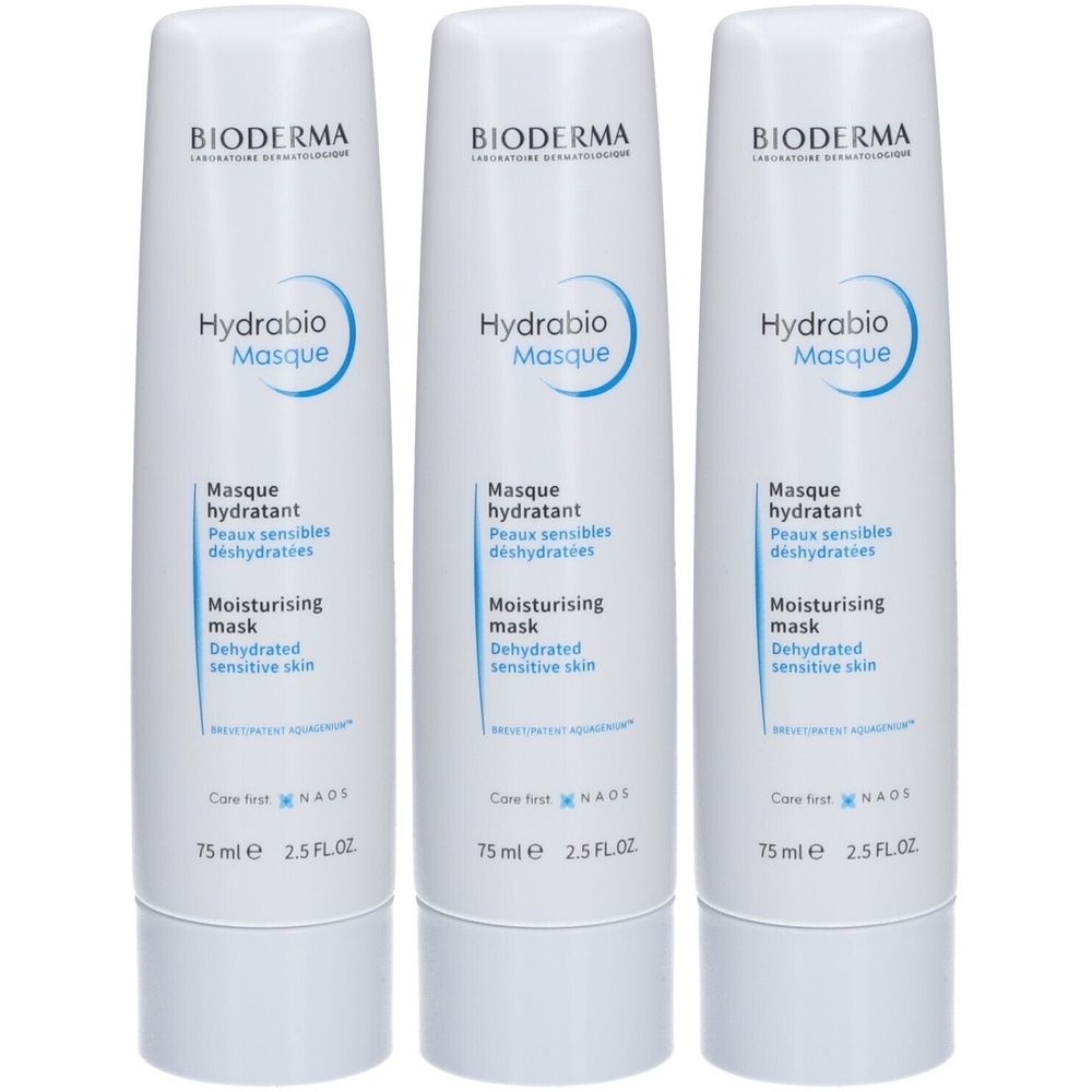 Trois tubes de BIODERMA Hydrabio Masque. Tubes blancs avec texte bleu. Texte: Masque hydratant, Moisturising mask, 75 ml.