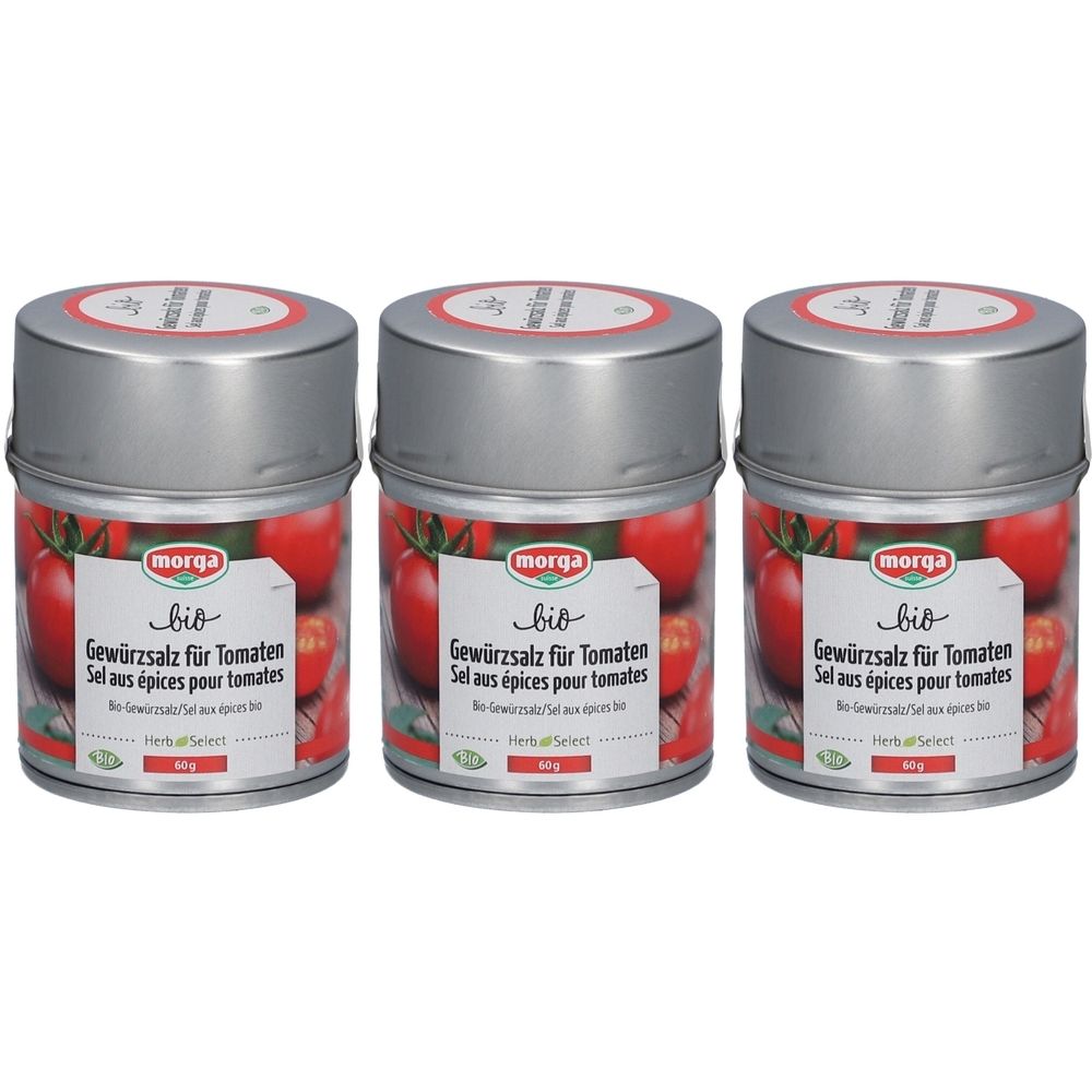 Trois boîtes de sel aromatisé morga®Bio pour tomates. Récipients métalliques avec étiquette rouge et motif tomate. Couvercles argentés.