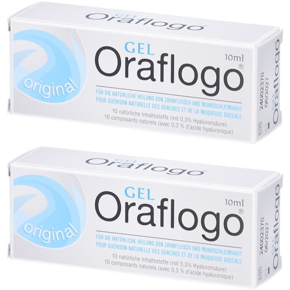 Zwei weiße Kartons mit "Oraflogo Gel"-Aufdruck. Blaue Designelemente und Text in Deutsch und Französisch.