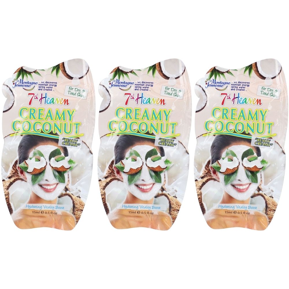 Drei Packungen Gesichtsmaske mit Kokosnuss-Motiv. Aufschrift: 7th Heaven Creamy Coconut. Abbildung einer Frau mit Maske.