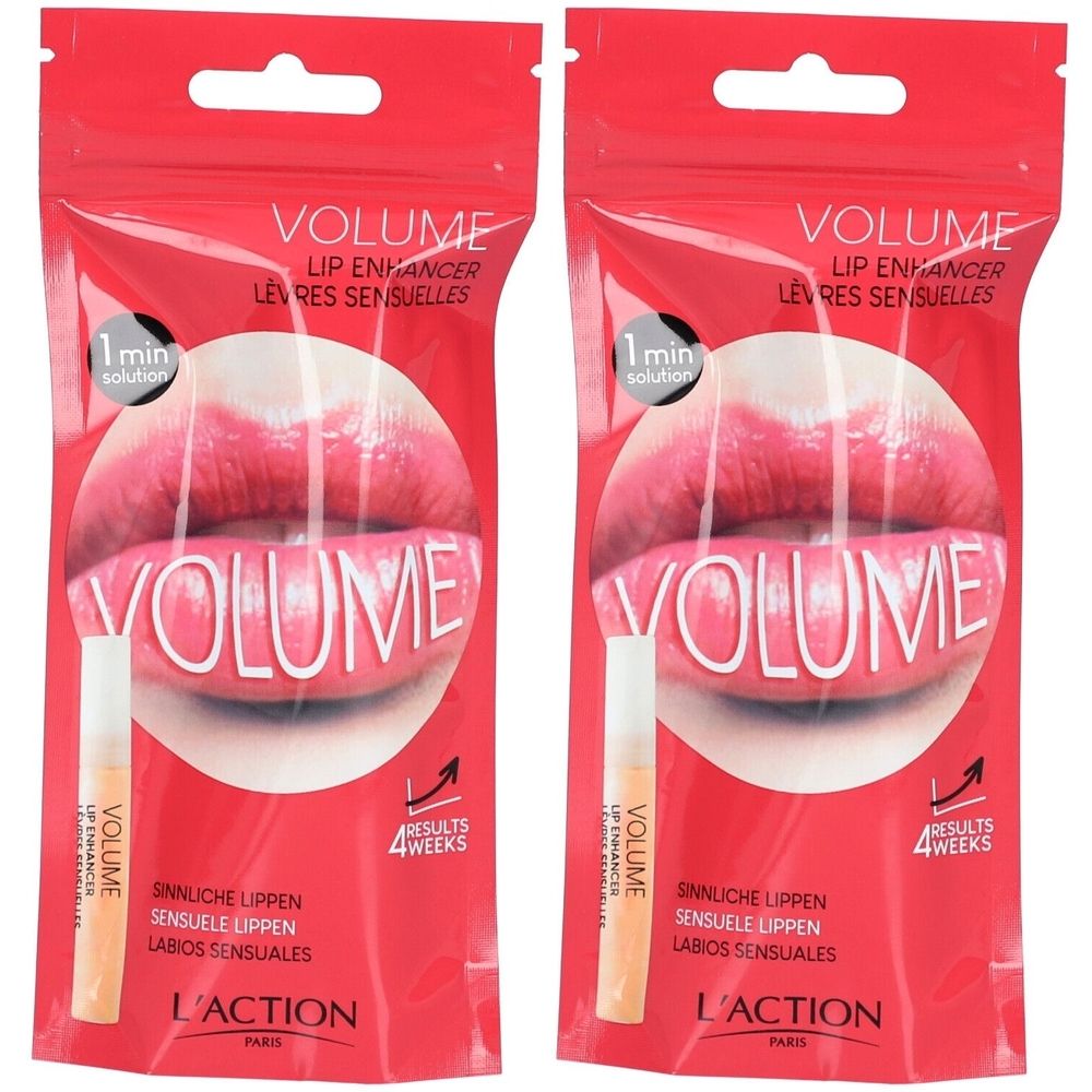 Zwei rote Verpackungen mit Lippenvergrößerer. Aufschrift: VOLUME, LIP ENHANCER, L'ACTION PARIS. Enthält einen Applikator.