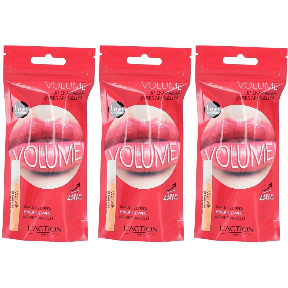 Drei rote Verpackungen mit Lippen-Enhancer. Auf jeder Packung ist ein Mund abgebildet, darunter ein Applikator. Text: Volume, L'Action.