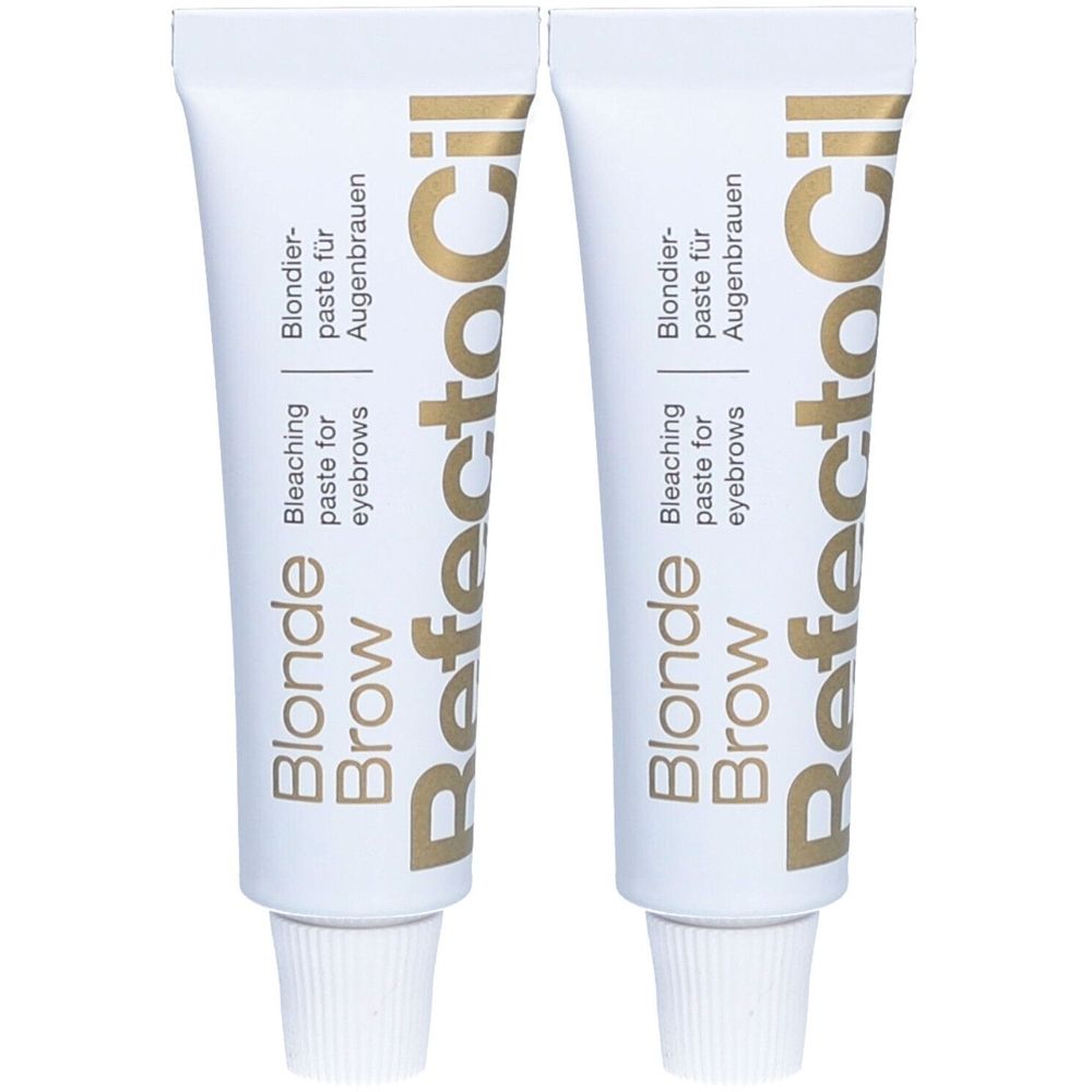 Zwei Tuben Refectocil Blondierpaste für Augenbrauen. Weiße Tuben mit goldfarbener Schrift. Aufschrift: Blonde Brow, Bleaching paste for eyebrows.