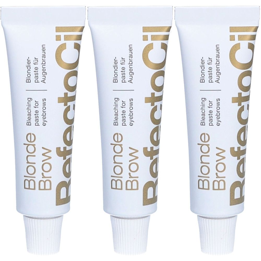 Drei Tuben mit weißem Hintergrund. Auf jeder Tube steht "Blonde Brow" und "RefectoCil". Text in Gold. Produkt: Blondierpaste für Augenbrauen.