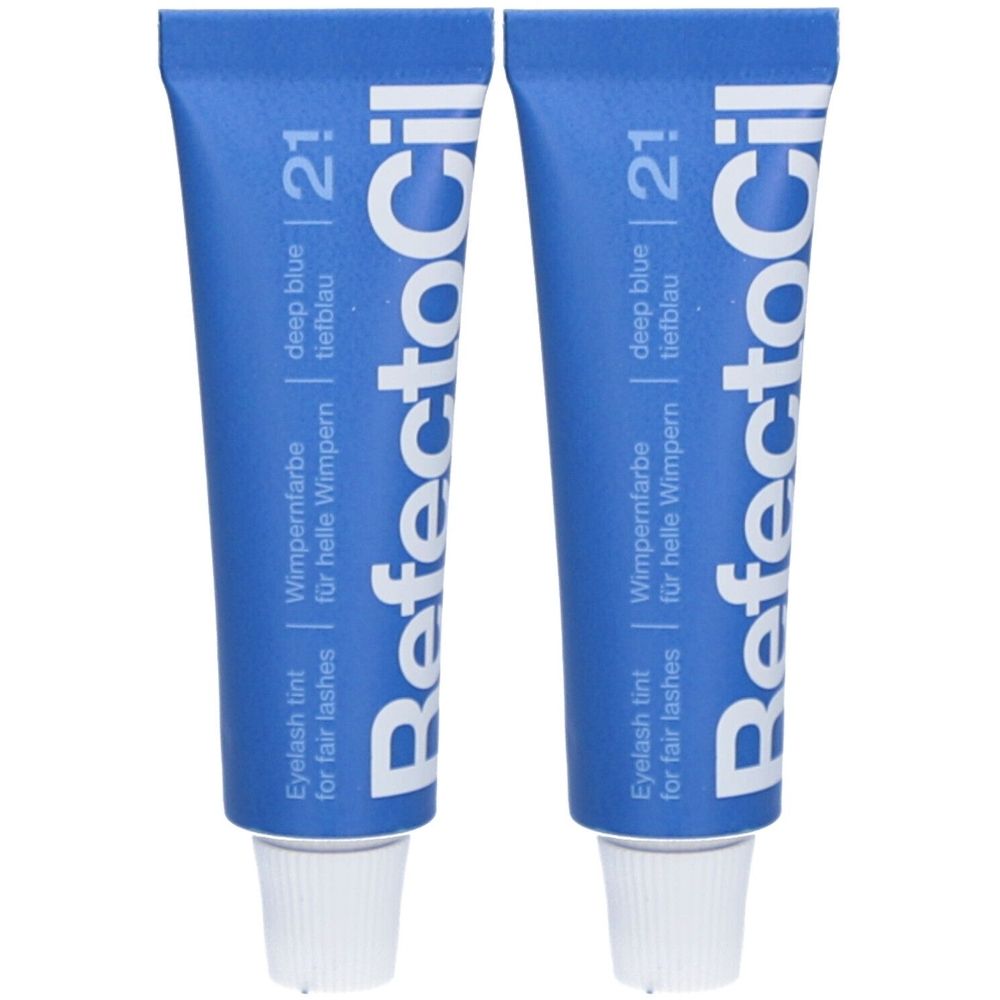 Zwei blaue Tuben mit weißer Schrift. Aufschrift: RefectoCil, Wimpernfarbe, tiefblau, 21.