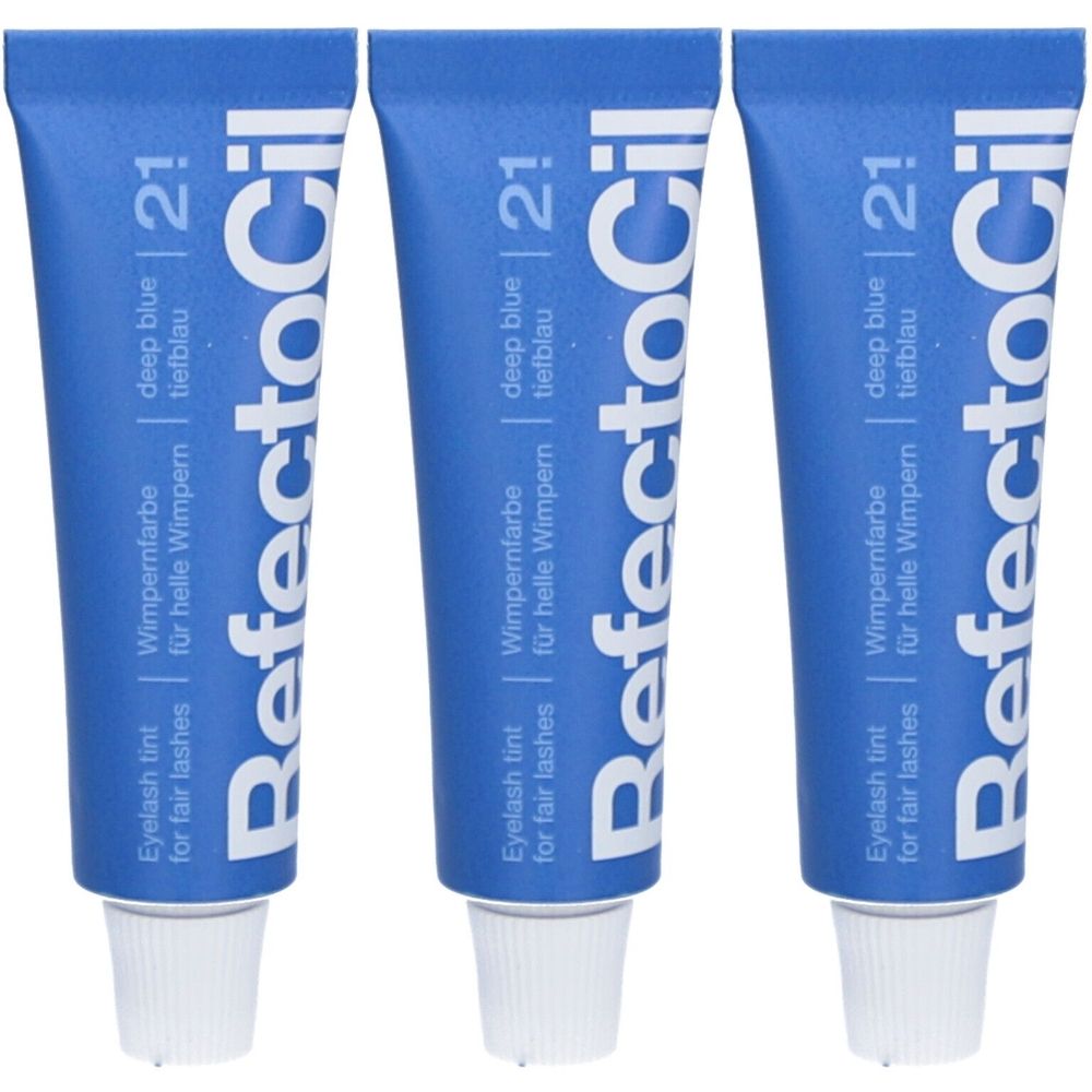 Drei blaue Tuben mit weißem Verschluss. Auf jeder Tube steht "RefectoCil", "deep blue 2.1" und "Wimpernfarbe für helle Wimpern".
