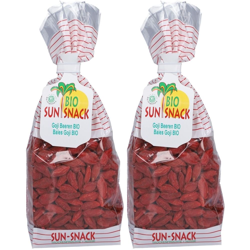 Zwei Beutel BIO SUN SNACK Goji-Beeren. Klare Verpackung mit rotem Inhalt. Aufdruck: BIO SUN SNACK, Goji Beeren BIO.