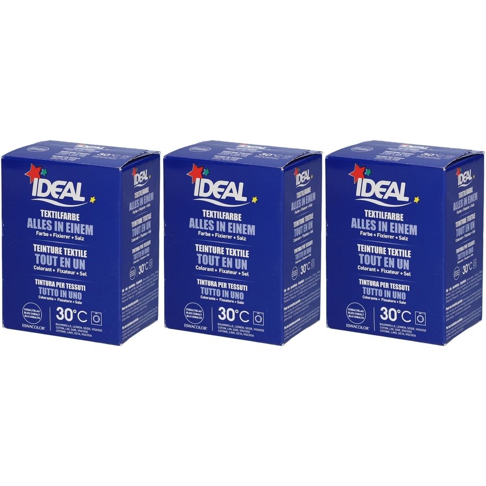 Drei blaue Kartons mit Produktaufdruck. Aufschrift: IDEAL Textilfarbe, Alles in Einem, 30°C. Logo mit Stern.