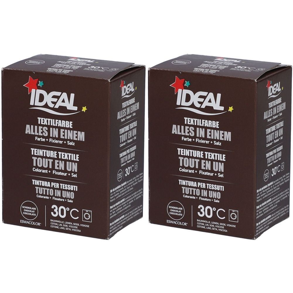 Deux boîtes marron avec l'inscription IDEAL Teinture Textile Tout en Un. Contient colorant, fixateur et sel. Indication de température 30°C.