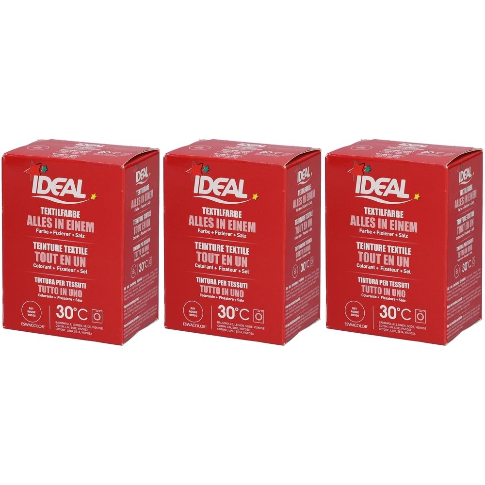 Drei rote Kartons mit der Aufschrift IDEAL Textilfarbe. Aufdrucke in Deutsch, Französisch und Italienisch. Temperaturangabe 30°C.