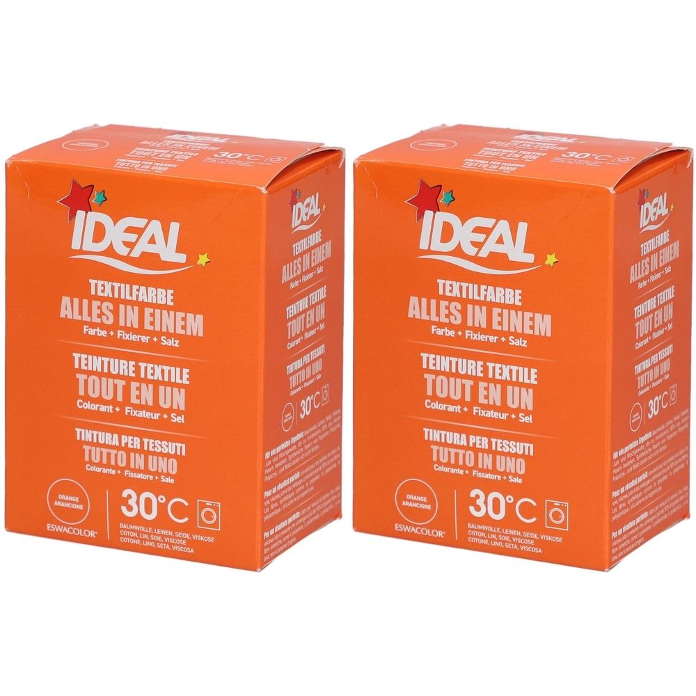Deux boîtes orange avec l'inscription IDEAL Textilfarbe. Texte en allemand, français et italien. Indication de température 30°C.