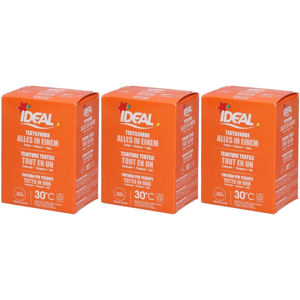 Trois boîtes orange avec l'inscription IDEAL Textilfarbe Alles in Einem. Inscriptions en allemand, français et italien.
