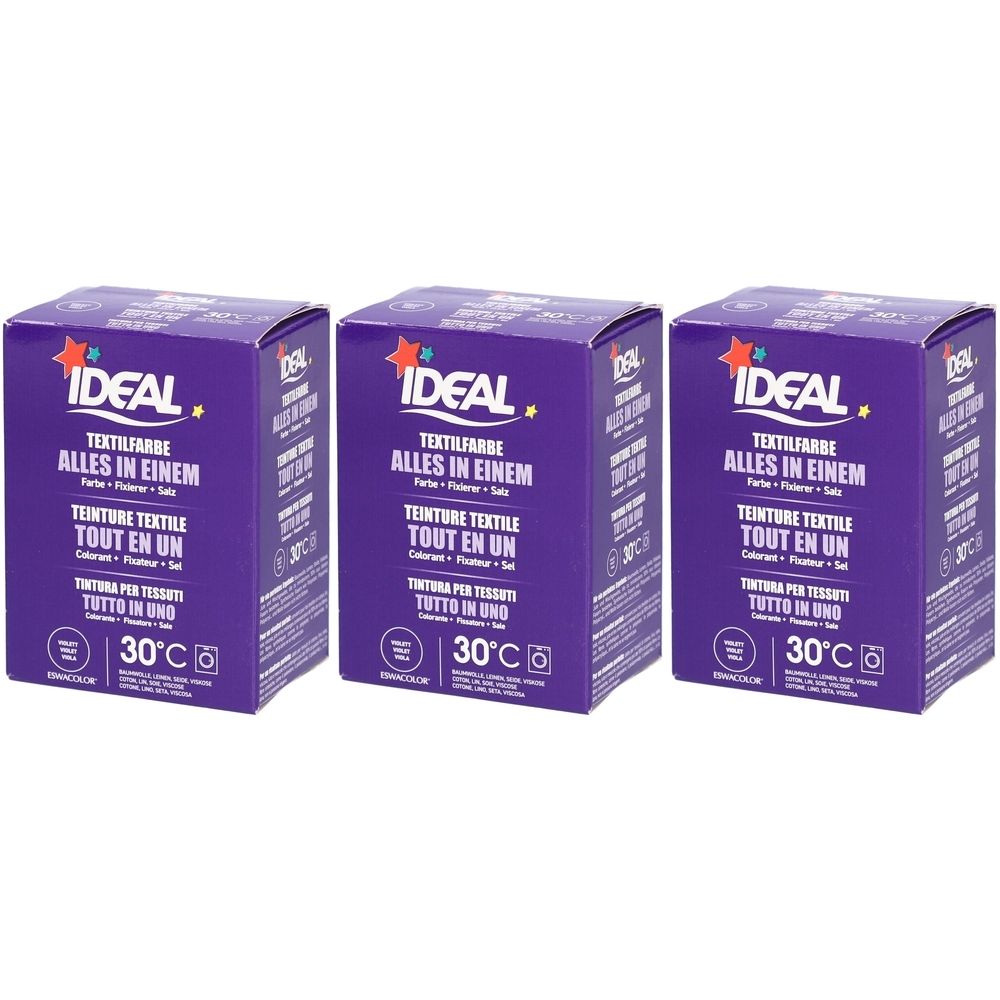 Trois boîtes violettes avec l'inscription IDEAL Teinture textile Tout en un. Indication de température 30°C.