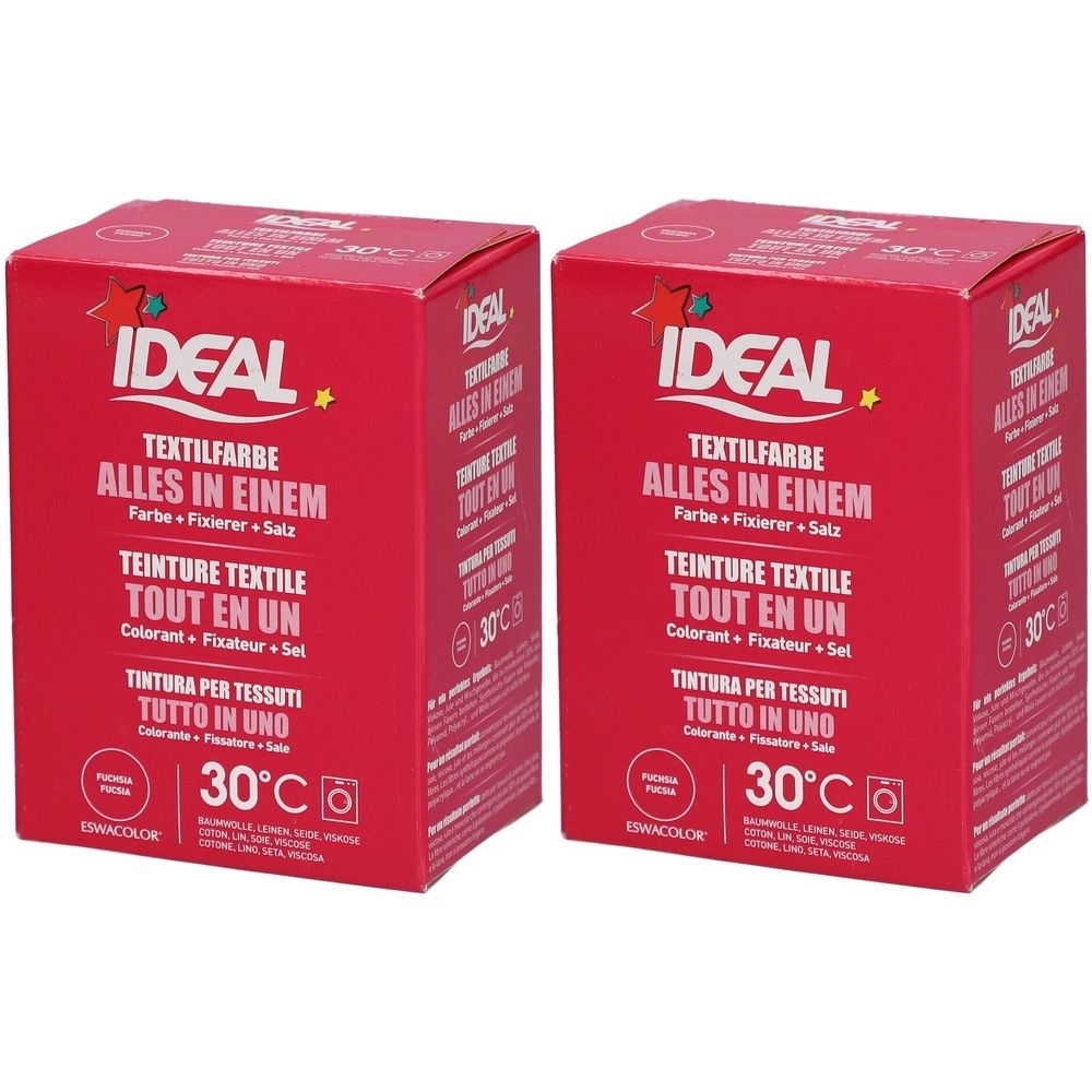Deux boîtes rouges IDEAL Textilfarbe. Texte en allemand, français et italien. Indication de température 30°C.