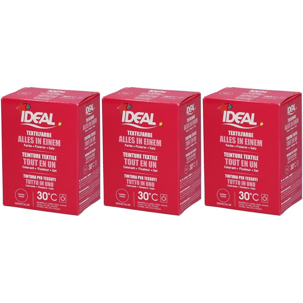 Trois boîtes rouges IDEAL Textilfarbe. Inscriptions en allemand, français et italien. Indication de température 30°C.