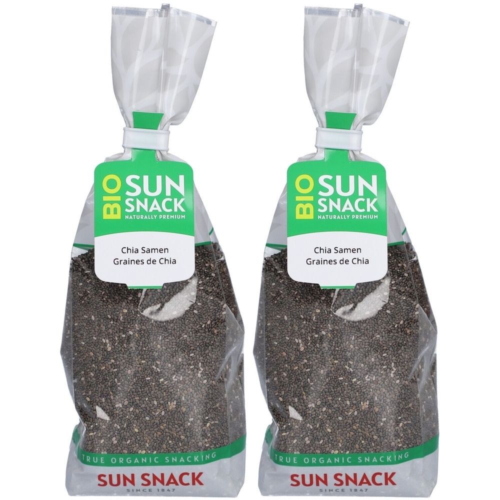 Zwei Beutel mit Chia-Samen. Aufschrift: BIO SUN SNACK. Text: Chia Samen, Graines de Chia.