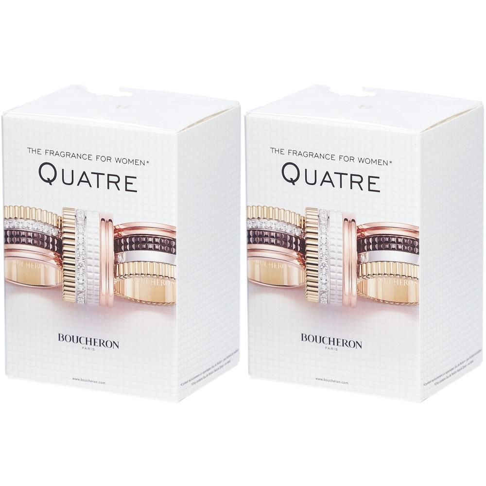 Deux boîtes carrées de Boucheron Quatre Eau de Parfum. Impression : anneaux, nom de la marque et du produit.