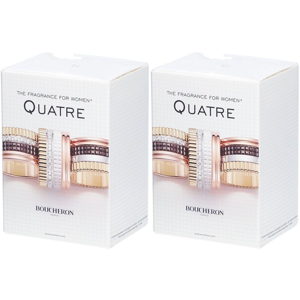 Deux boîtes blanches. Inscription: Quatre, Boucheron. Illustration d'anneaux. Texte: The fragrance for women.