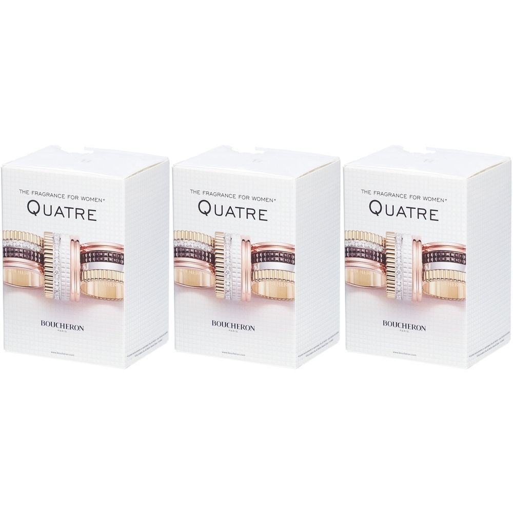 Drei weiße Kartons mit dem Aufdruck "QUATRE" und dem Logo von Boucheron. Auf den Kartons ist ein Ring abgebildet.