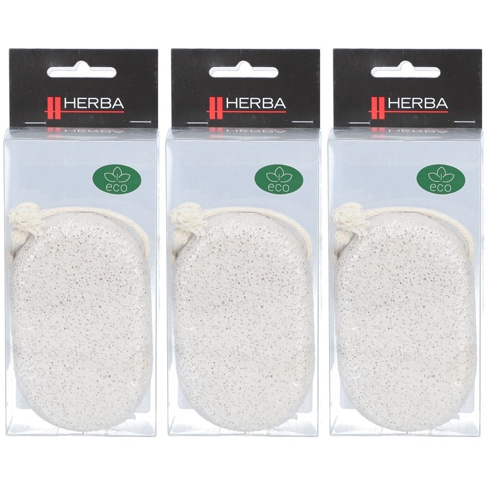 Trois pierres ponces emballées individuellement. Chaque emballage affiche le logo HERBA et un label Eco. Les pierres sont ovales et claires.