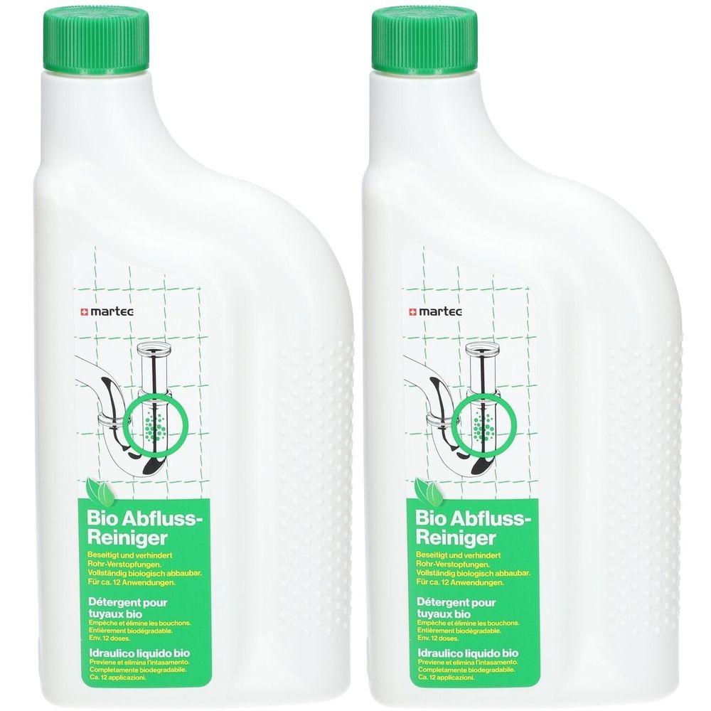 Zwei weiße Flaschen mit grünem Deckel. Aufschrift: Bio Abfluss-Reiniger. Marke: martec. Illustration eines Abflusses.