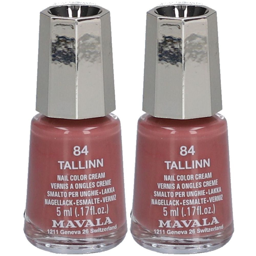Deux flacons de vernis à ongles rose-brun. Inscription: 84 Tallinn, Nail Color Cream, 5 ml, Mavala.