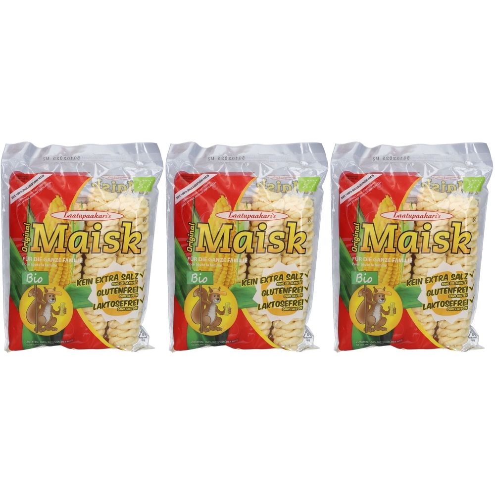 Drei verpackte Maisstangen. Aufdruck: Maisk, Bio, glutenfrei, laktosefrei, ohne extra Salz. Verpackung mit rotem und gelbem Design.