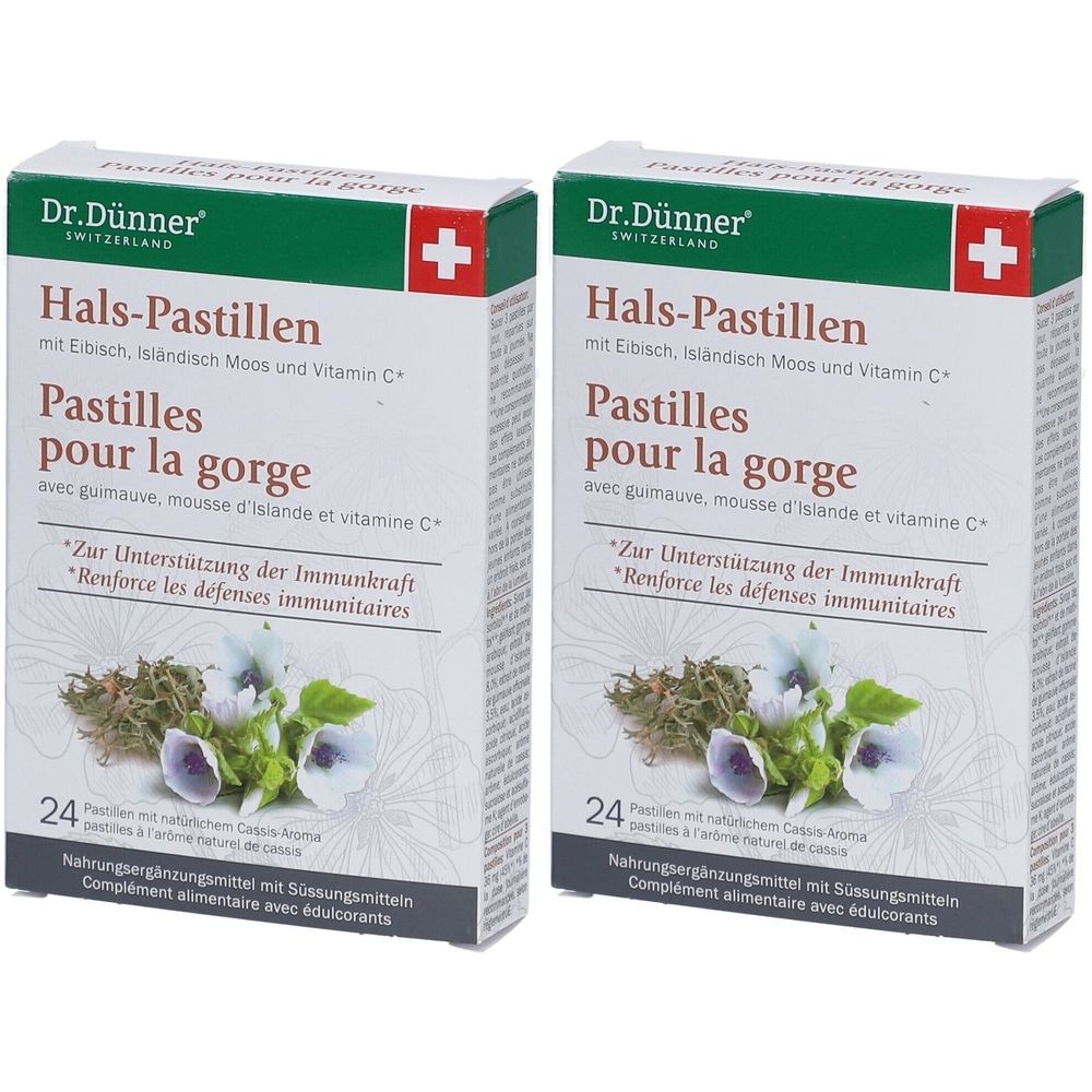 Deux boîtes de pastilles pour la gorge. Inscription : Dr. Dünner, Hals-Pastillen, Pastilles pour la gorge. Contient 24 pastilles.