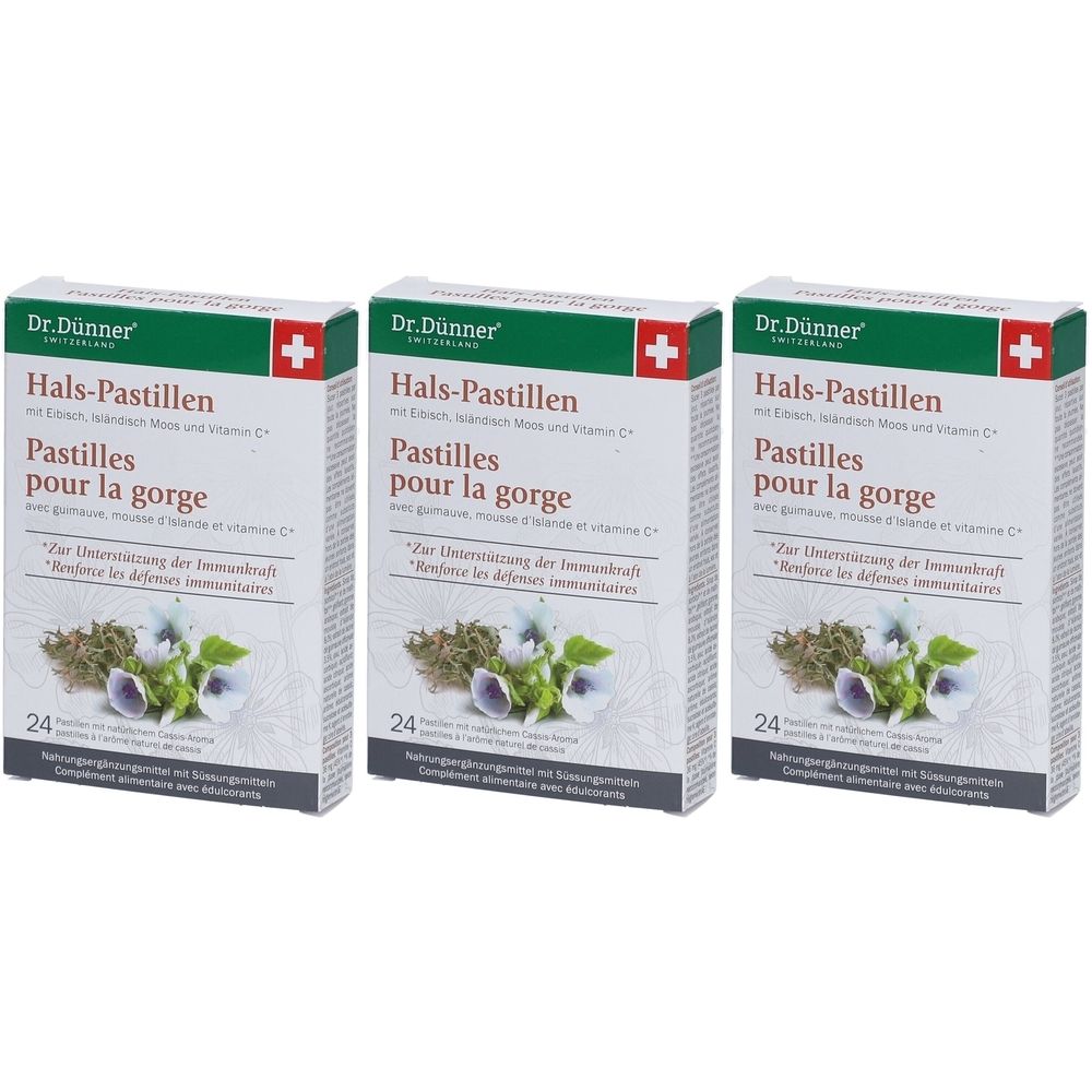 Trois boîtes de pastilles pour la gorge. Inscription : Dr. Dünner, Hals-Pastillen, Pastilles pour la gorge. Croix suisse.