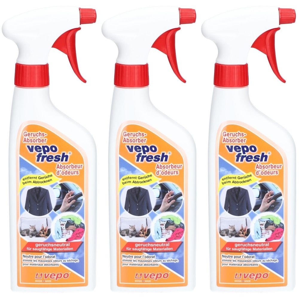 Drei Sprühflaschen mit weißem Behälter, rotem Sprühkopf und Aufklebern mit Produktinformationen. Aufschrift: Vepo Fresh.