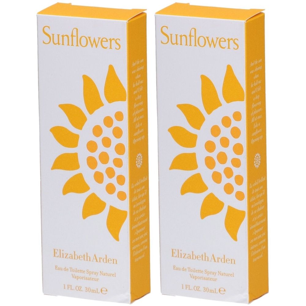 Zwei rechteckige Kartons. Aufdruck: Sonnenblume, "Sunflowers" und "Elizabeth Arden". Gelb und Weiß.