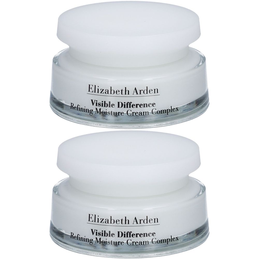 Zwei Cremetiegel mit weißen Deckeln. Auf den Etiketten steht "Elizabeth Arden Visible Difference".