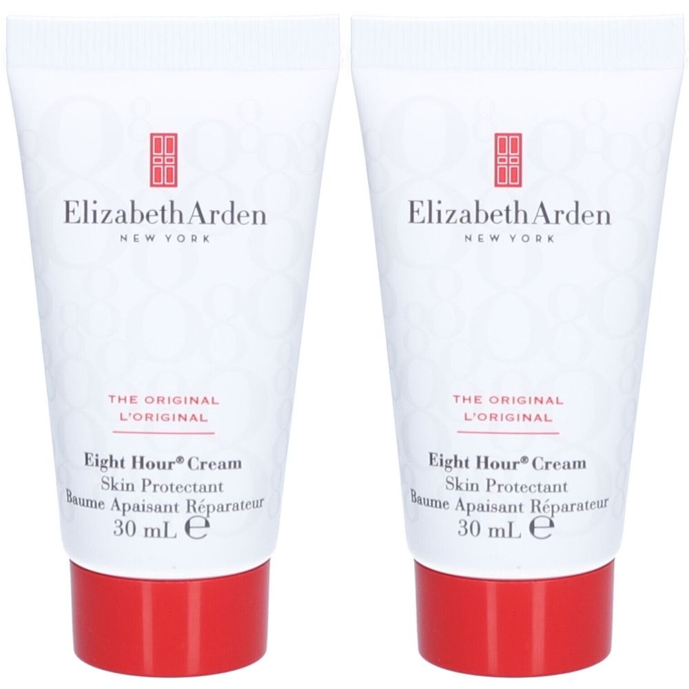 Zwei Tuben Elizabeth Arden Eight Hour Cream. Weiße Tuben mit roter Schrift und rotem Verschluss. Aufschrift: 30 ml.