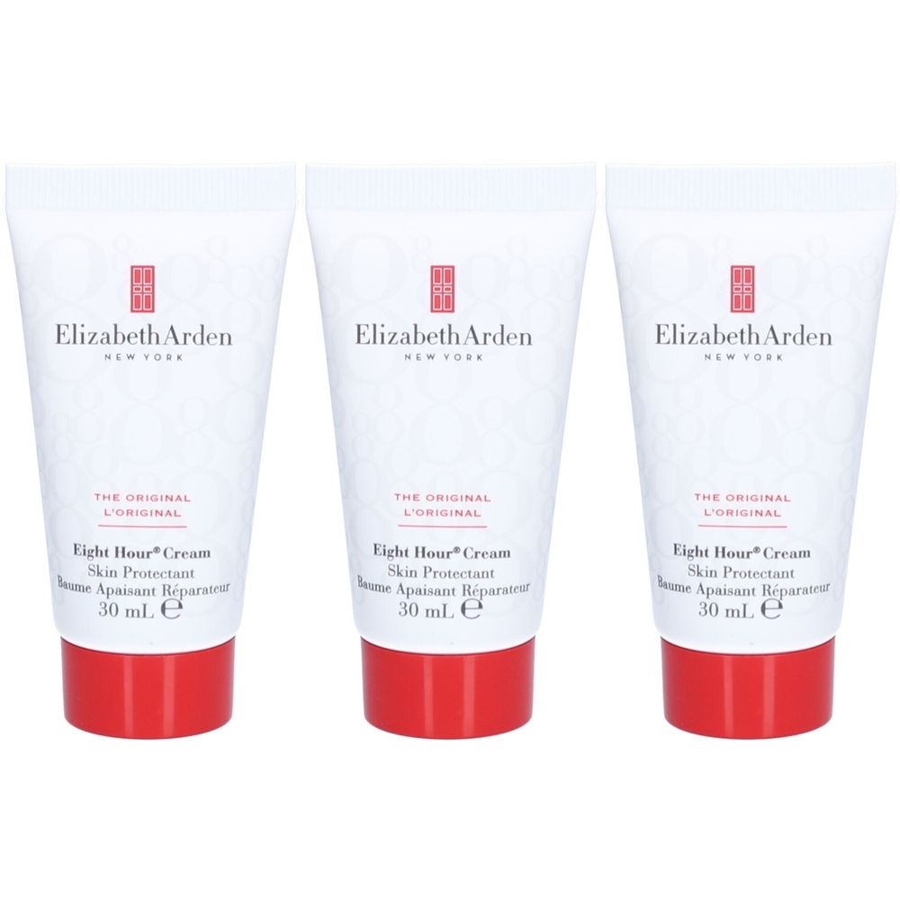 Drei Tuben Elizabeth Arden Eight Hour® Cream. Weiße Tuben mit rotem Verschluss. Aufschrift: Eight Hour® Cream, Skin Protectant, 30 ml.