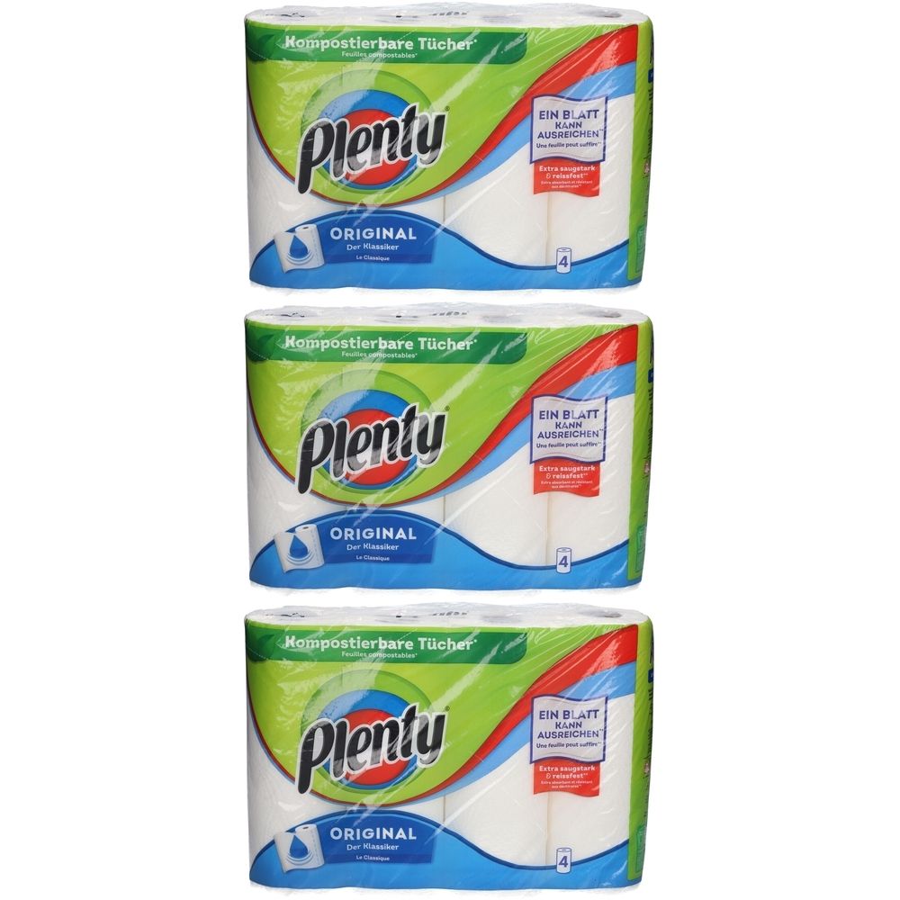 Drei Packungen Plenty Original Haushaltstücher. Jede Packung enthält vier Rollen. Aufschrift: Kompostierbare Tücher.
