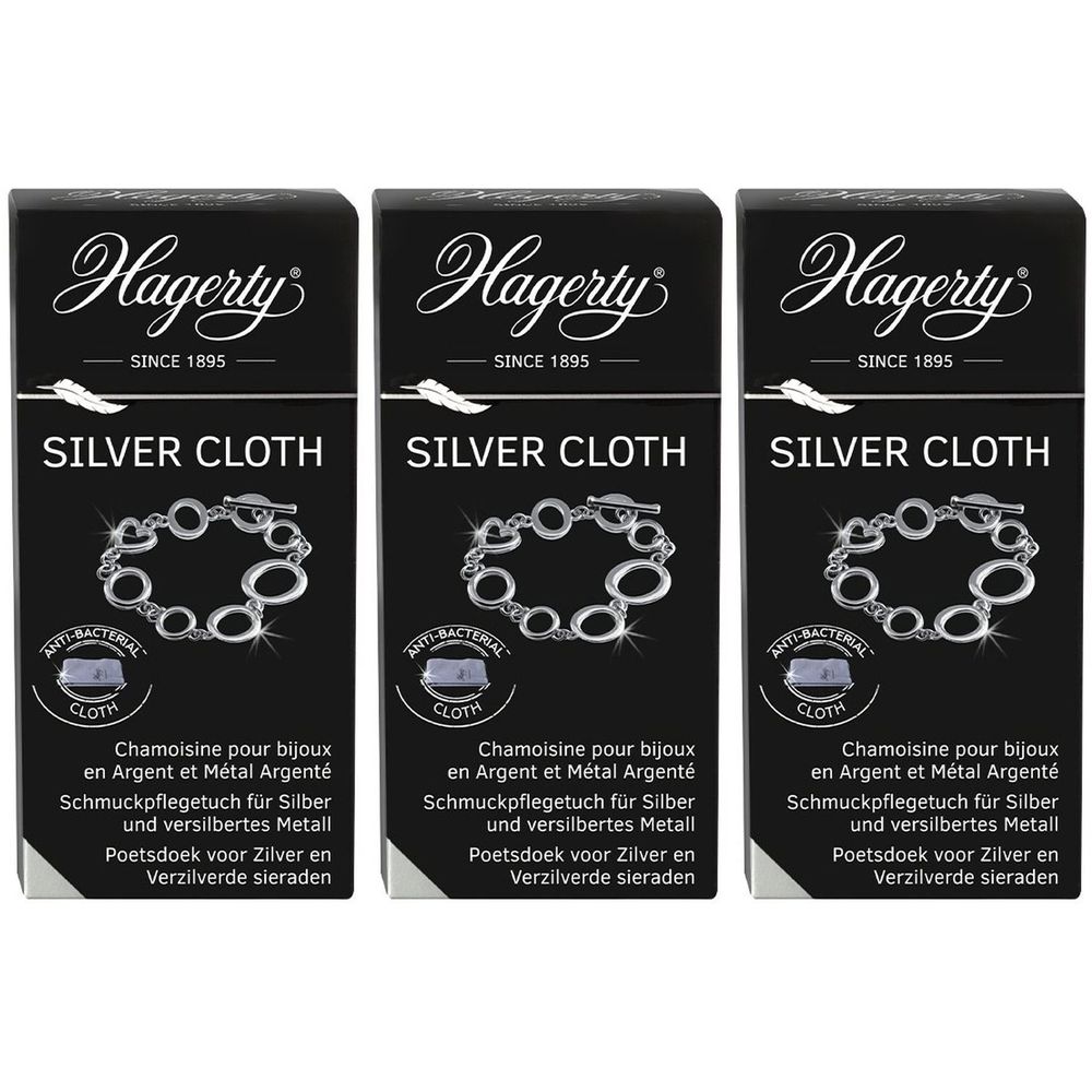 Drei schwarze Verpackungen mit dem Logo von Hagerty und der Aufschrift "SILVER CLOTH".