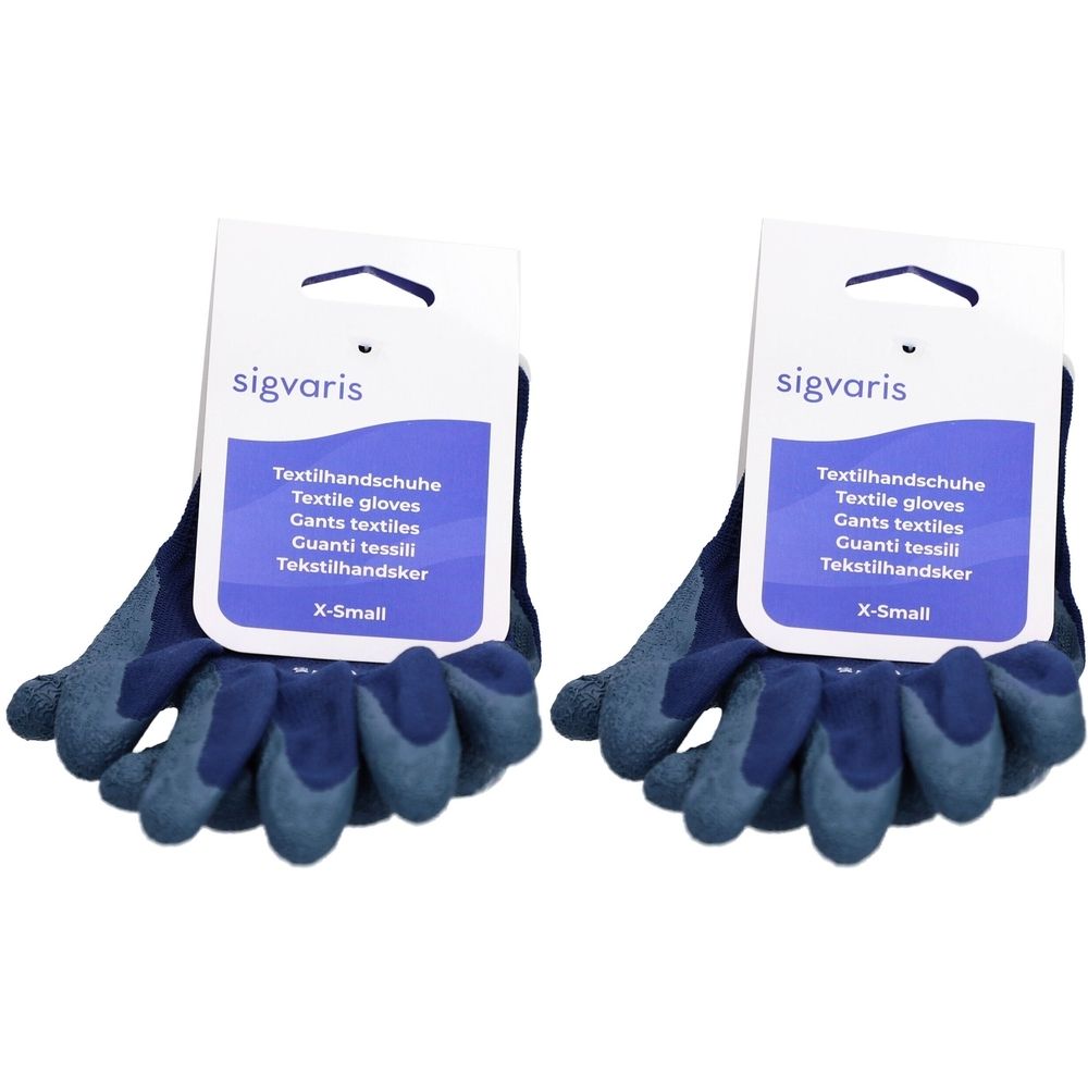 Zwei blaue SIGVARIS Textilhandschuhe, Größe XS, mit Etikett. Aufschrift: Textilhandschuhe, Textile gloves.