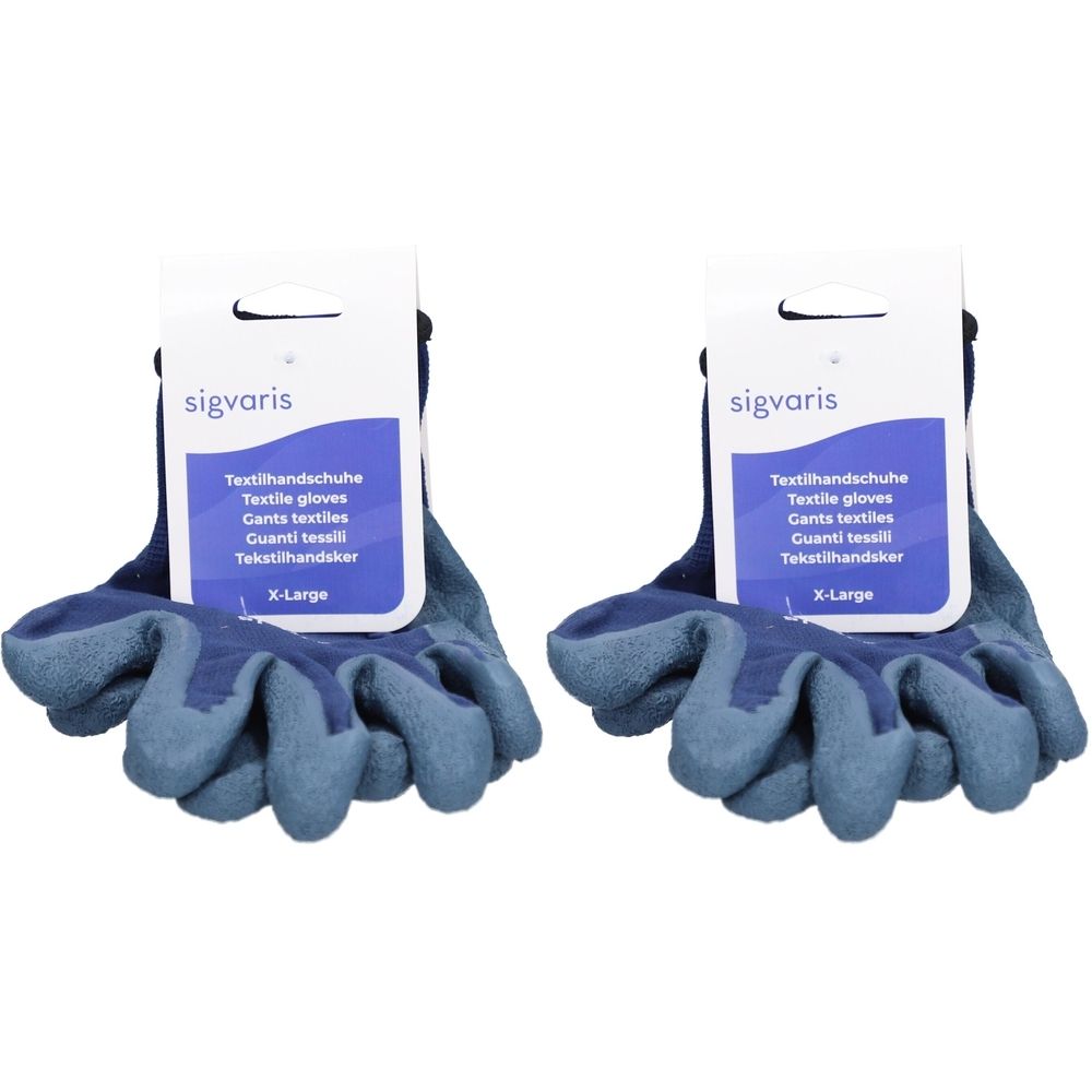 Zwei blaue Textilhandschuhe mit Etiketten. Auf den Etiketten steht "sigvaris", "Textilhandschuhe" und "X-Large".