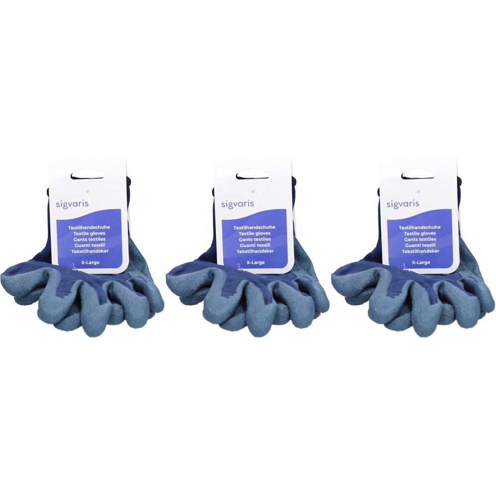 Trois gants textiles bleus avec étiquettes. Les étiquettes indiquent "sigvaris" et "X-Large".
