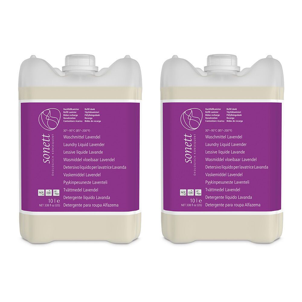 Zwei Flaschen Waschmittel. Lila Etikett mit Text in mehreren Sprachen. Marke: Sonett. 10 Liter.