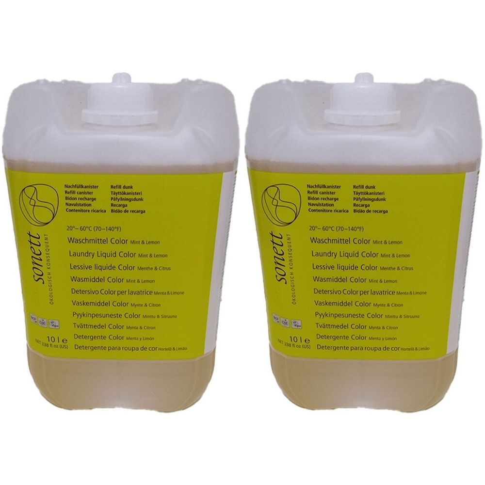 Deux bidons de lessive. Étiquette jaune avec informations produit et marque Sonett. Contenance 10L.